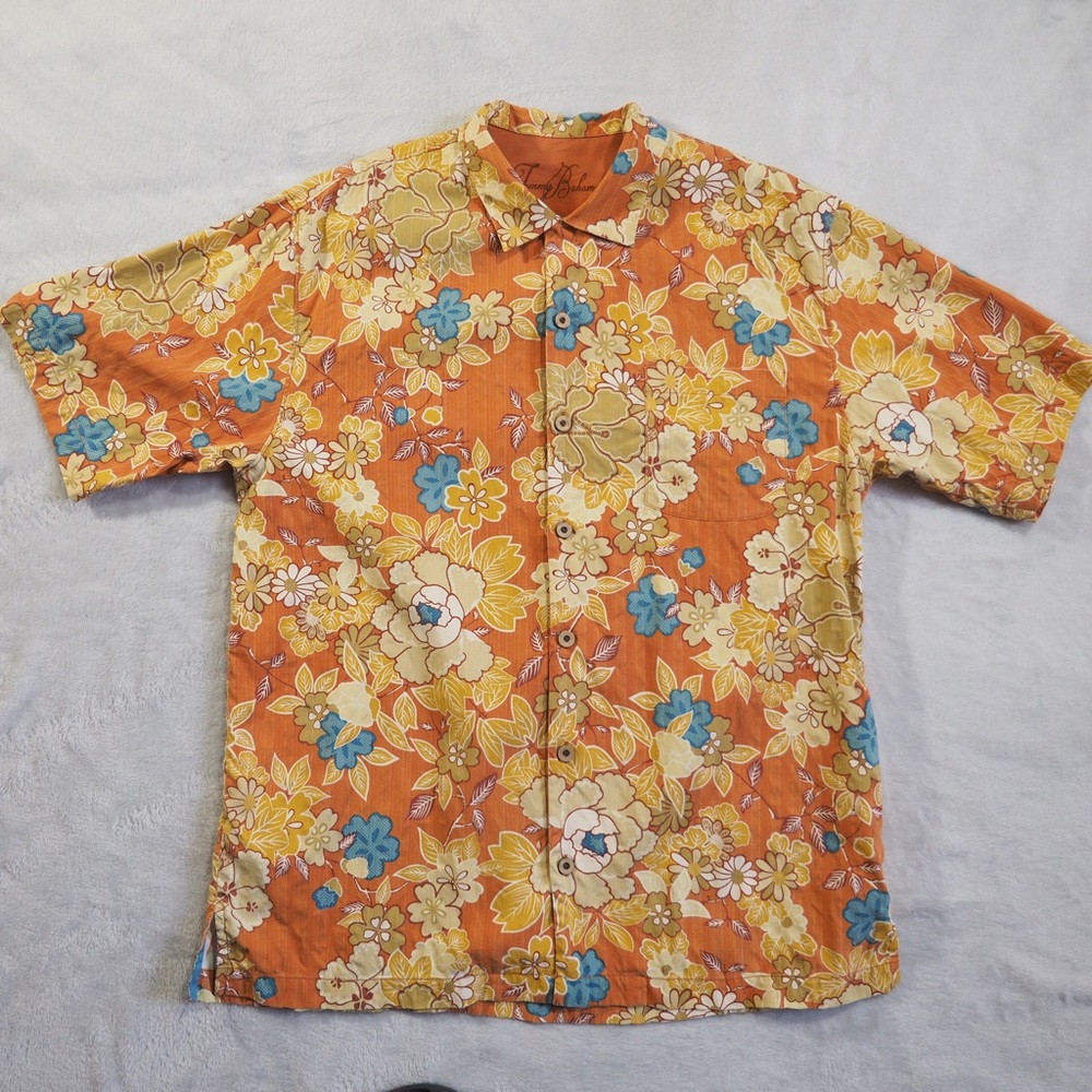 Tommy Bahama Sz L 100% Silk Orange Floral Short Sleeve with Blue Accents